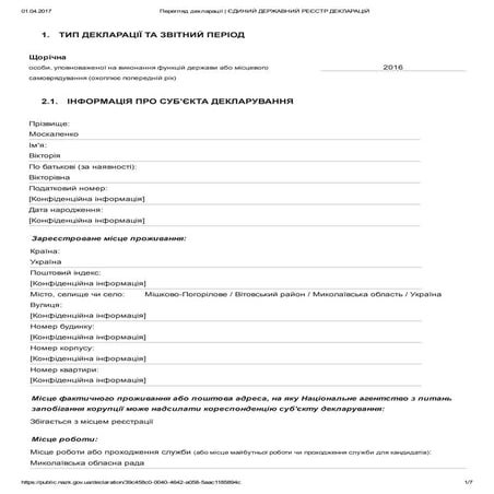 Виктория Москаленко, э-декларация. 2016