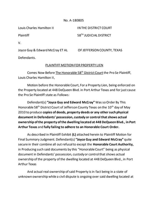 Motion for property lien