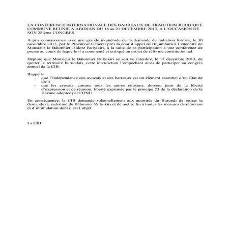 Burundi : la CIB soutient le bâtonnier Rufyikiri