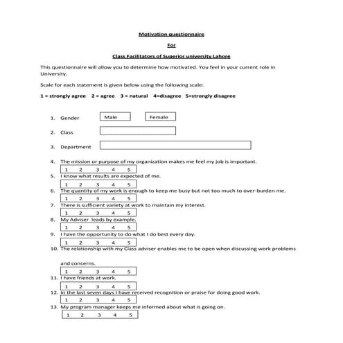 Motivation questionnaire for class facilitaters of superior university lahore.