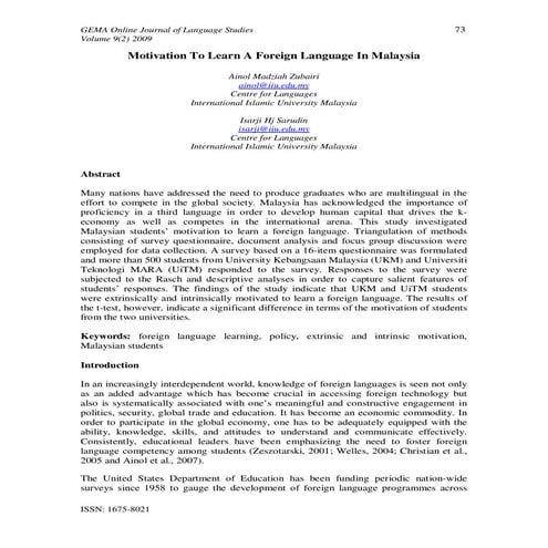 Motivation to learn a foreign language in malaysia | PDF
