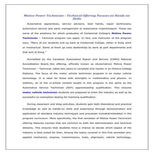 Motive Power Technician - Technical Offering Focuses on Hands-on Skills