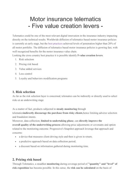Motor insurance telematics - Five value creation levers