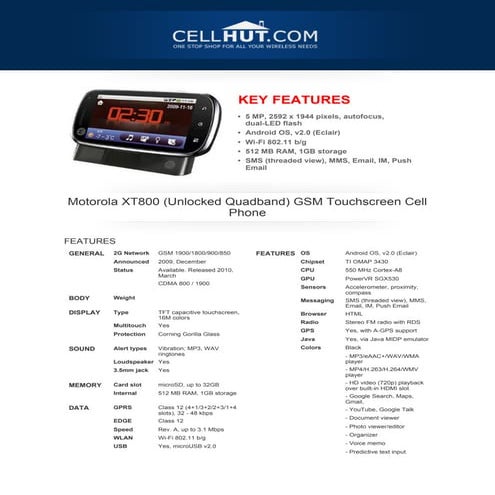 Motorola XT800 GSM Touchscreen Cell Phone-features-specification-at cellhut