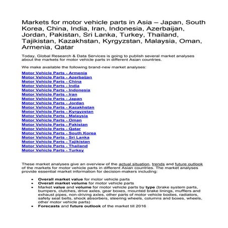 Motor vehicle parts markets in Asia