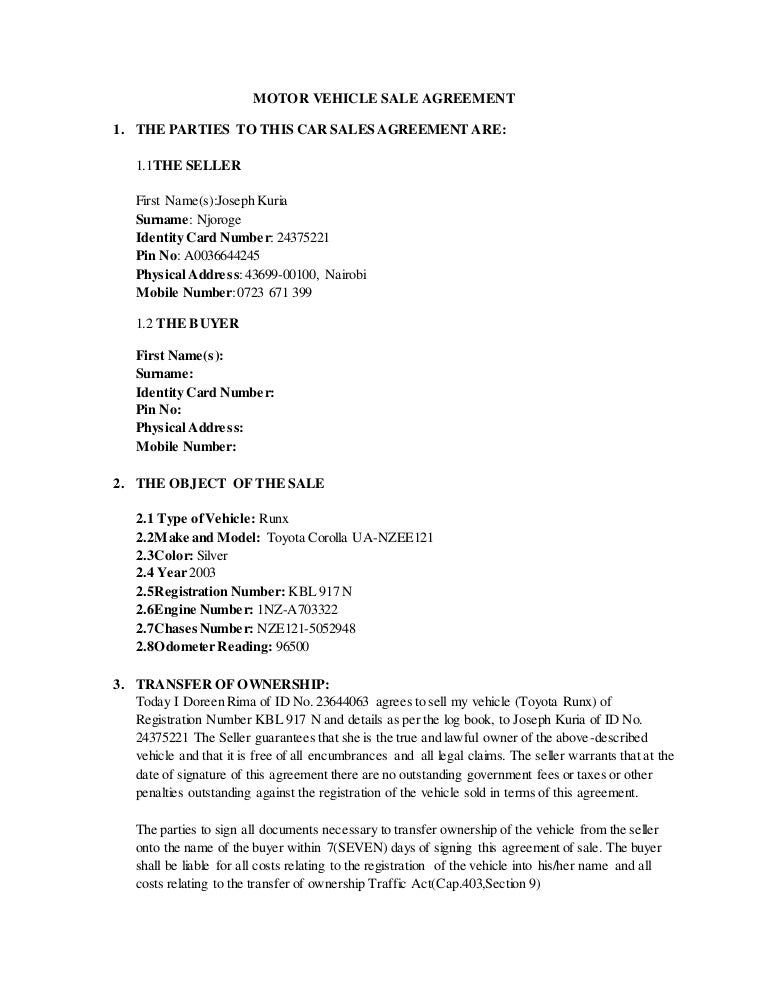 motor vehicle sale agreement