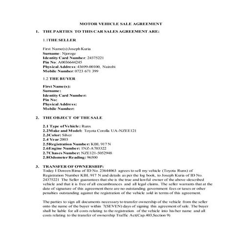 Motor vehicle sale agreement