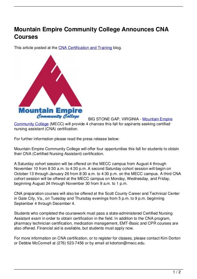Mountain Empire Community College Announces CNA Courses