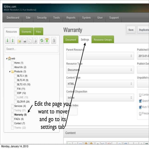 How to move a page in MODX Revo