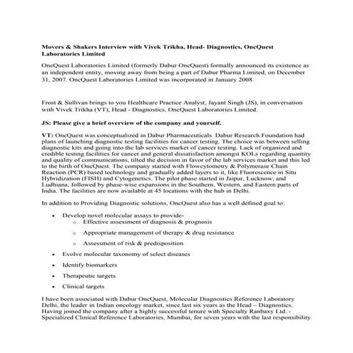 Movers &amp; shakers interview with vivek trikha head  diagnostics onc quest ...