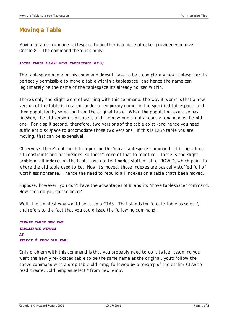 Movetablespace