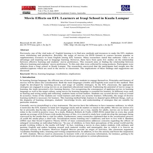 Movie Effects on EFL Learners at Iraqi School in Kuala Lumpur