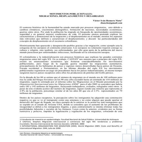 Migraciones, Movimientos poblacionales y desarraigo en Colombia