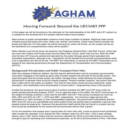 Moving forward: Nationalize the lrt/mrt - agham