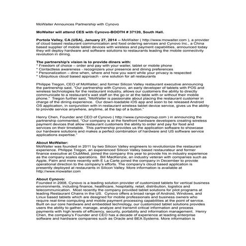 MoWaiter Announces Partnership with Cynovo