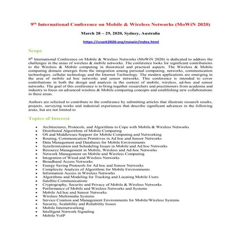 15th International Conference on Mobile & Wireless Networks (MoWiN 2026 ...