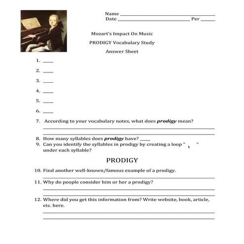 Mozart answer sheet