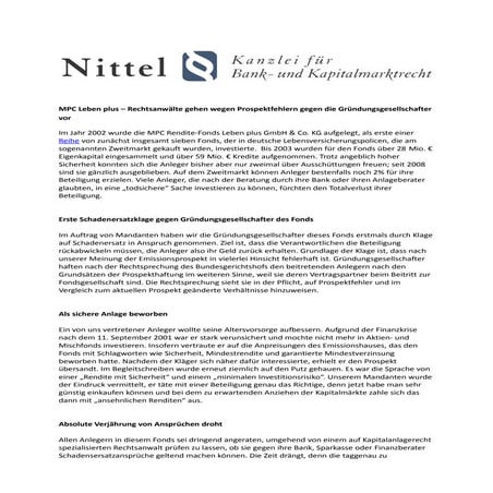 MPC Leben plus - Rechtsanwälte gehen wegen Prospektfehlern gegen die Gründung...
