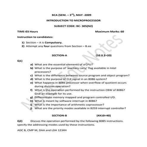 2009 Punjab Technical University B.C.A Microprocessor Question paper