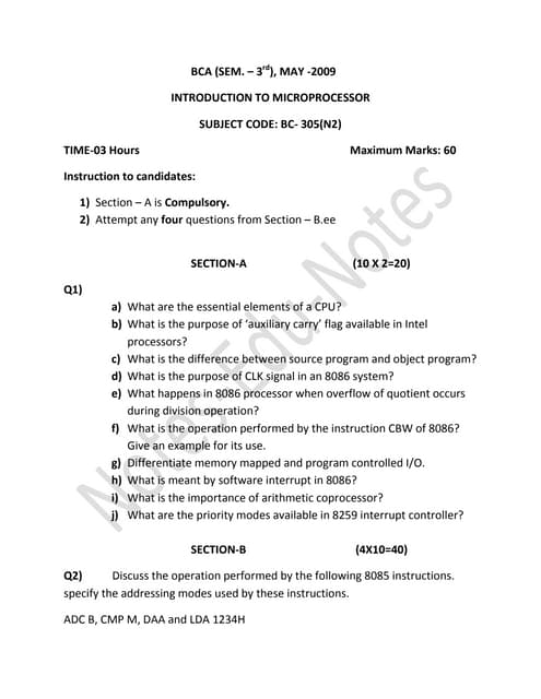 2009 Punjab Technical University B.C.A Microprocessor Question paper