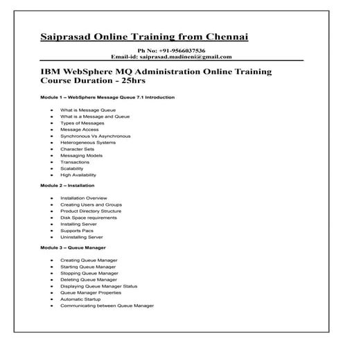 Saiprasad websphere MQ Online Training from Chennai.