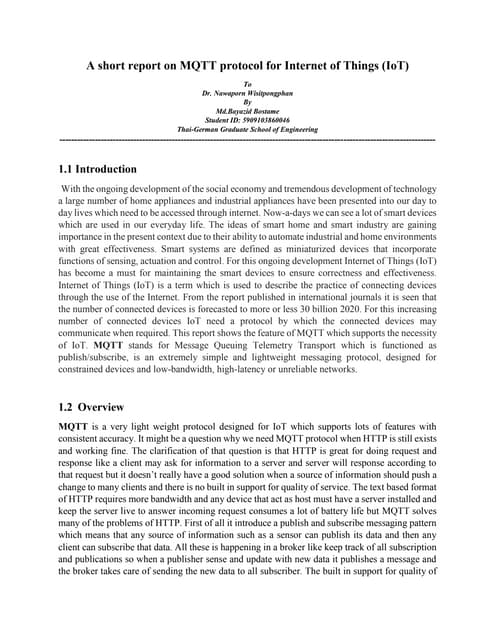A Short Report on MQTT protocol for Internet of Things(IoT)