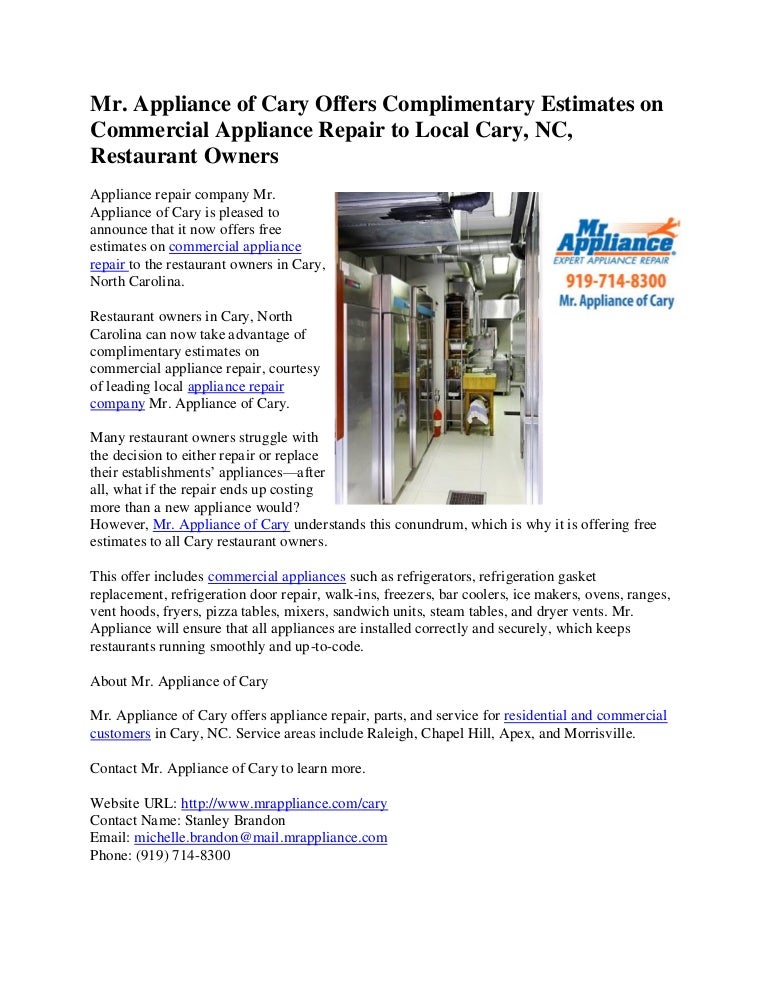 Mr Appliance Of Cary Offers Complimentary Estimates On Commercial Ap