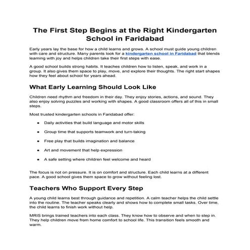 The First Step Begins at the Right Kindergarten School in Faridabad | DOCX