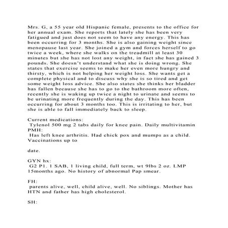 Mrs. G, a 55 year old Hispanic female, presents to the office for he.docx