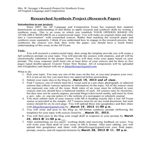 Mrs. wendy scruggs research synthesis prompt paper project spring 2013 for cl...