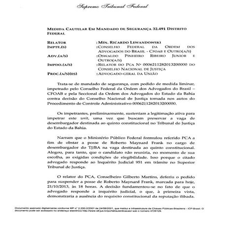 Liminar deferida pelo mininstro Lewandowski garante posse de Roberto Frank como desembargador