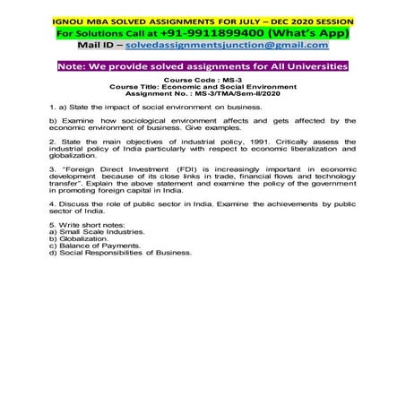 IGNOU MS-03 Solved Assignment Economic and social environment july dec 2020