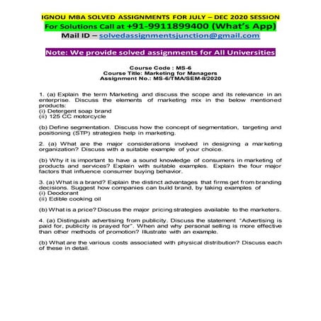 IGNOU MS-06 Solved Assignment marketing for managers july dec 2020