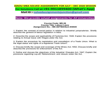 IGNOU MS-28 Solved Assignment labour laws july dec 2020