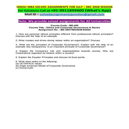 IGNOU MS-495 Solved Assignment ethics and corporate governance in banks july ...