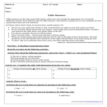 Ms4 level test 1 table manners | PDF