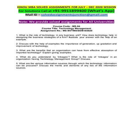 IGNOU MS-94 Solved Assignment technology management july dec 2020