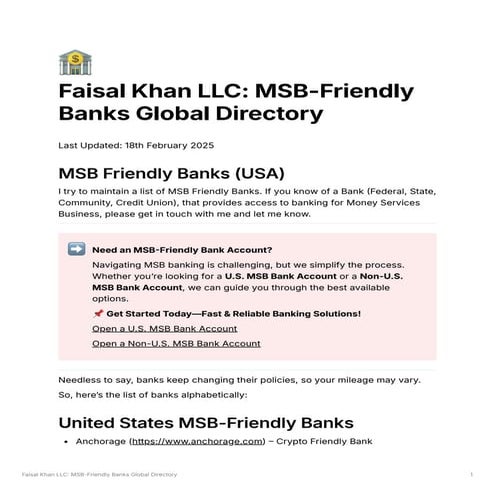 MSB Friendly Banks 2025 - Updated 18 Feb 2025 - Faisal Khan LLC.pdf