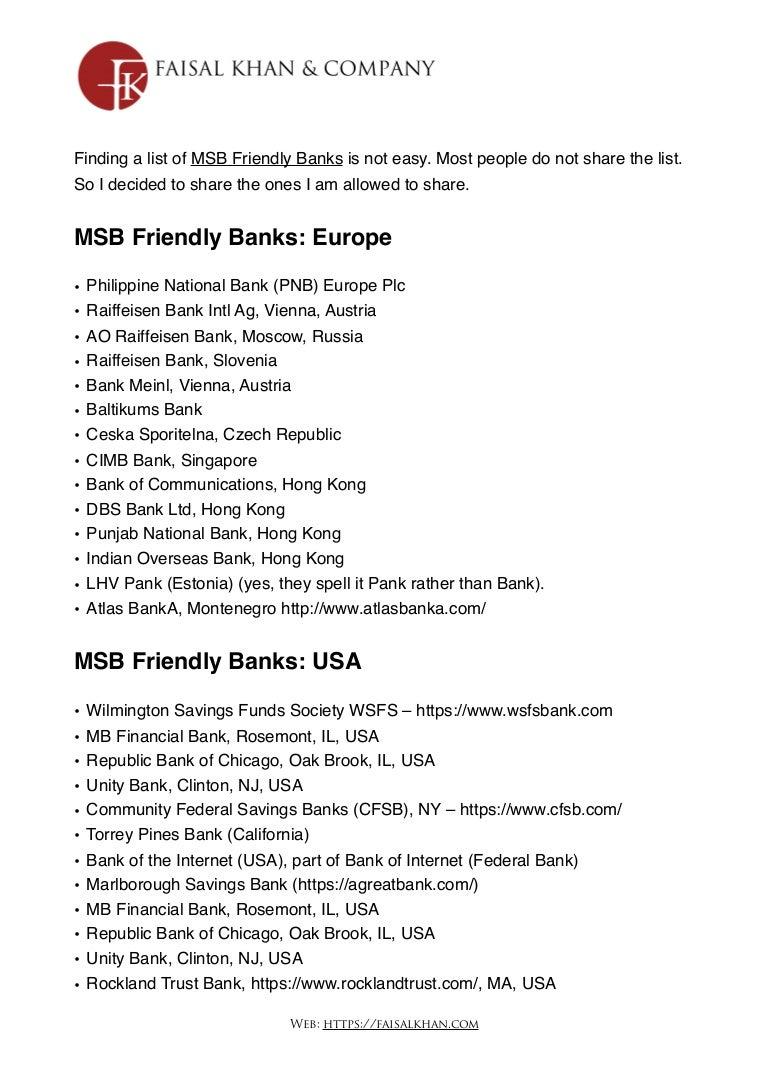 Msb Friendly Banks Us Europe Canada
