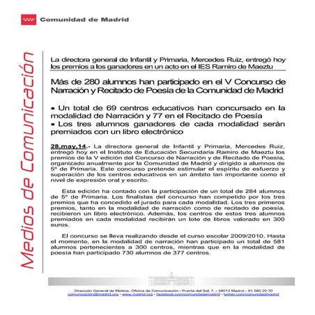 Más de 280 alumnos han participado en el v concurso de narración y recitado de poesía de la comunidad de madrid
