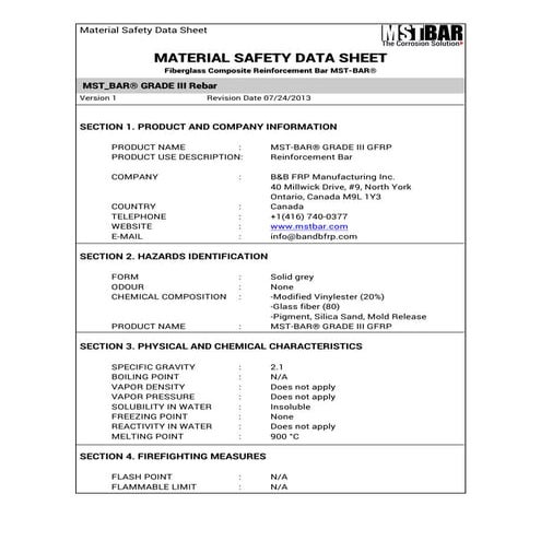 MSDS- Fibreglass composite reinforcement bar
