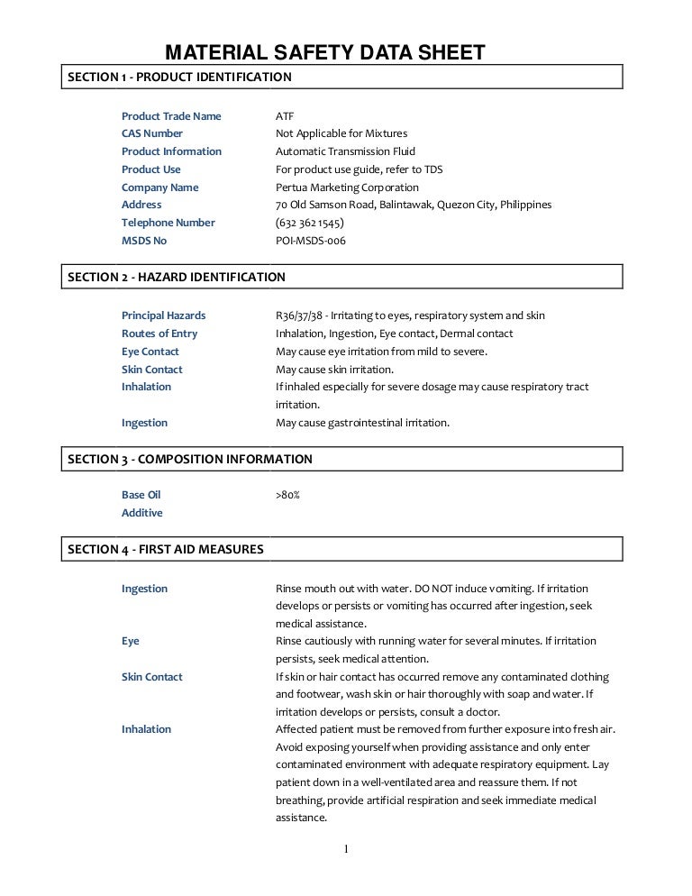 Pertua S Automatic Transmission Fluid Material Safety Data Sheet