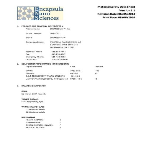MSDS Cosmesome-Res Containing Alcohol 