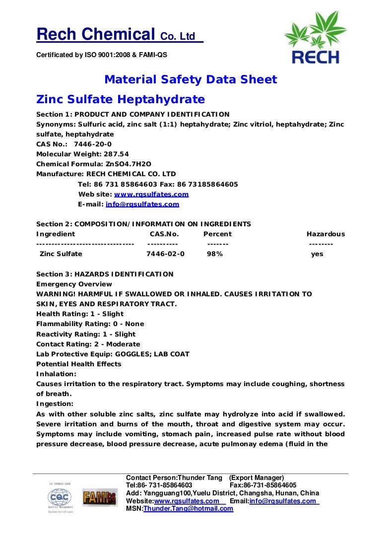 MSDS Of Zinc Sulfate HeptahydrateRech Chemical Co.Ltd