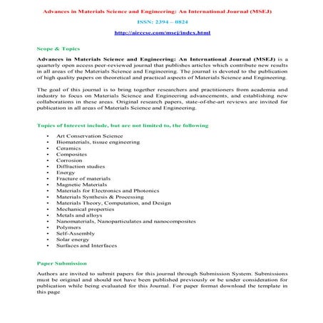 Advances in Materials Science and Engineering: An International Journal (MSEJ)