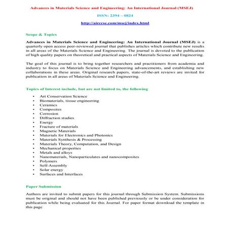 Advances in Materials Science and Engineering: An International Journal ...