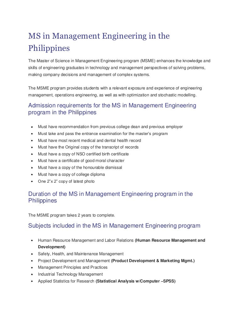 MS in management engineering in the philippines