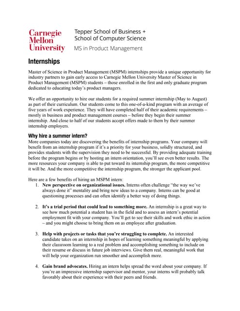 Carnegie Mellon Masters Product Management Carnegie Mellon MS PM Internships 2020 | PDF