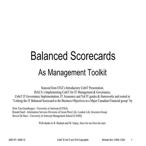 CobiT, Val IT & Balanced Scorecards