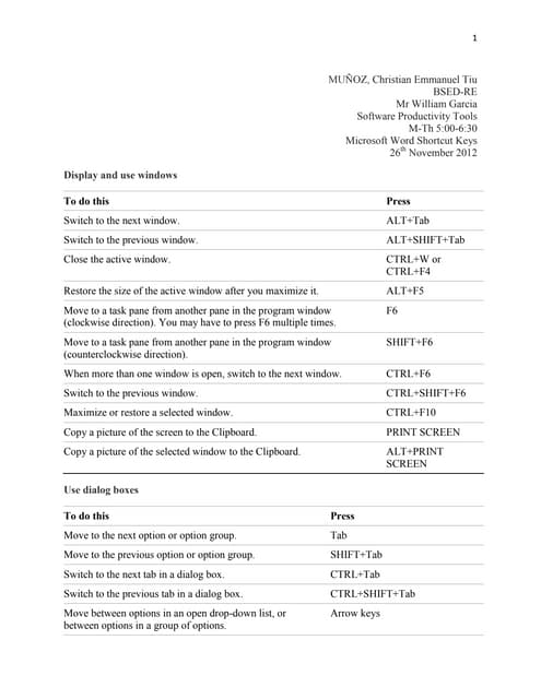 Ms word shortcut keys